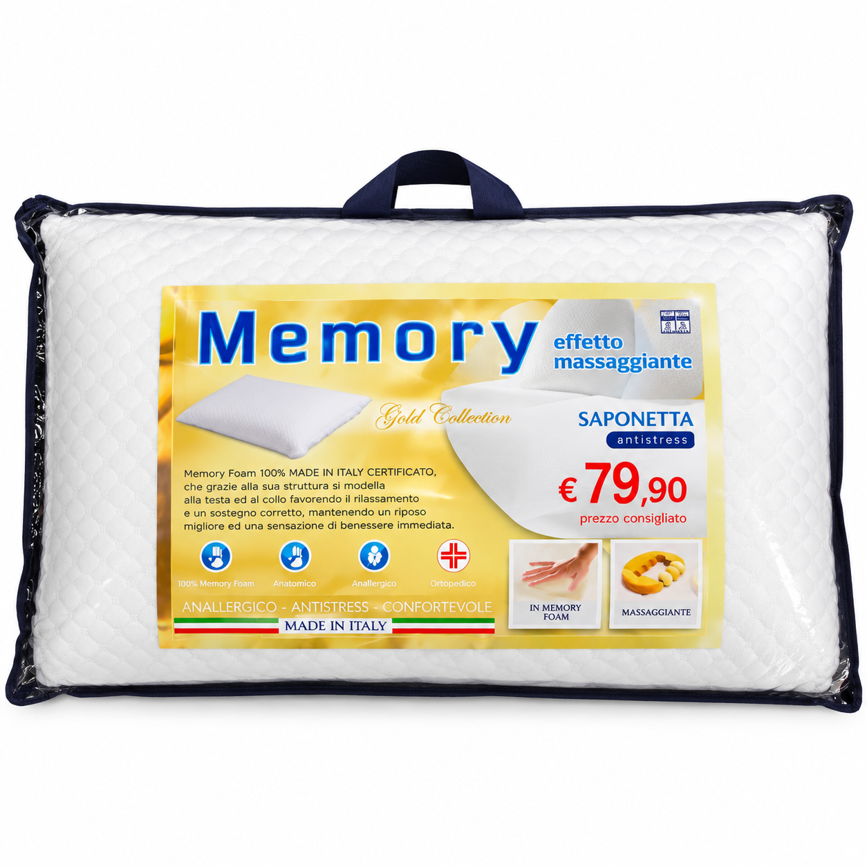 Memory Gold Collection Memory Foam Saponetta – Cuscino Guanciale Anatomico Antistress con Effetto Massaggiante – Made in Italy